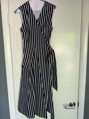 Draper James Navy and White Vertical Stripe Midi Wrap Dress
